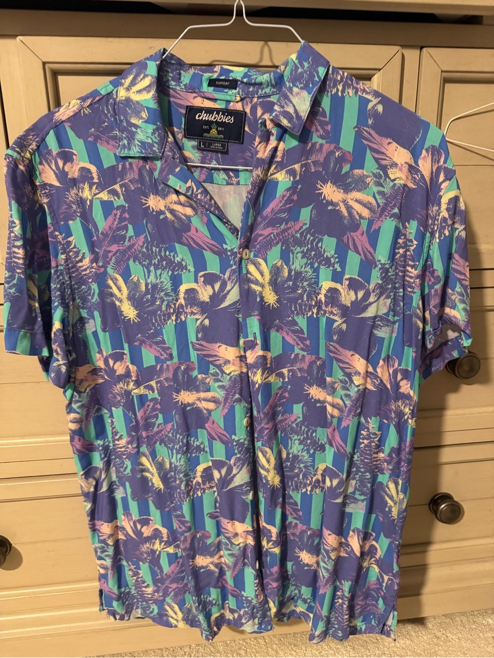 chubbies Purple Tropical Print Camp Shirt with Teal and Peach Accents